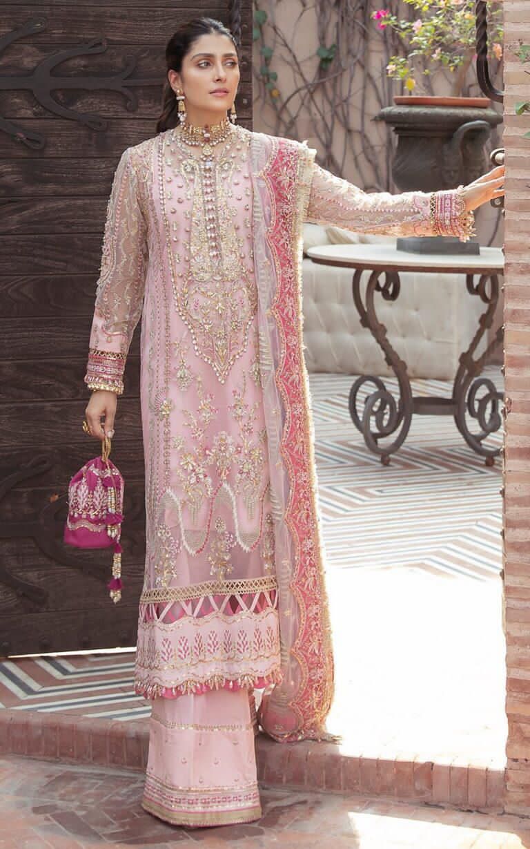 Afrozeh Pink Embroidered Organza 3-Piece Suit with Stone Work & Tassel Details