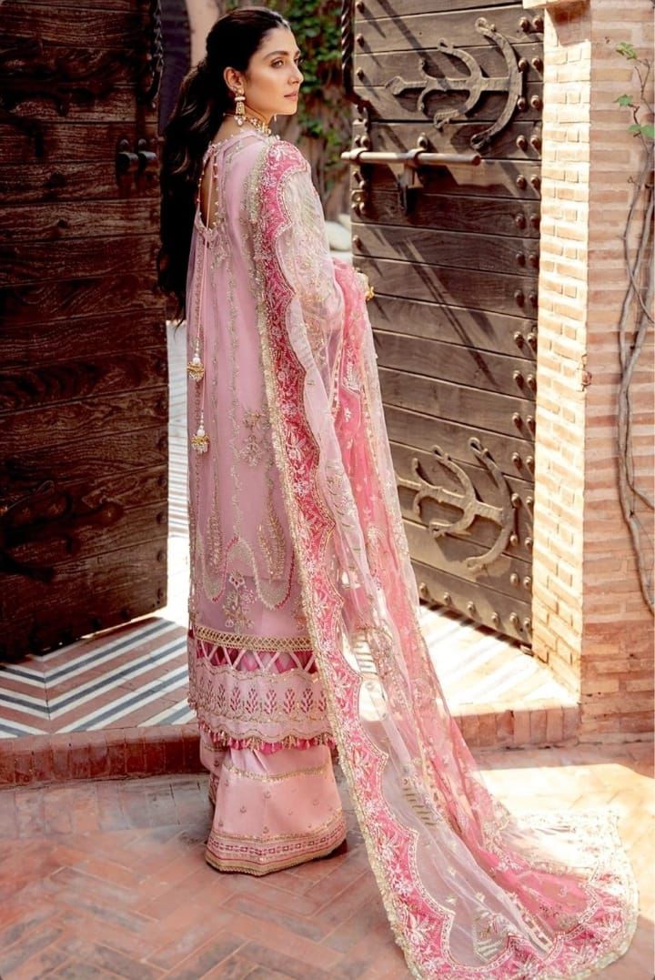 Afrozeh Pink Embroidered Organza 3-Piece Suit with Stone Work & Tassel Details
