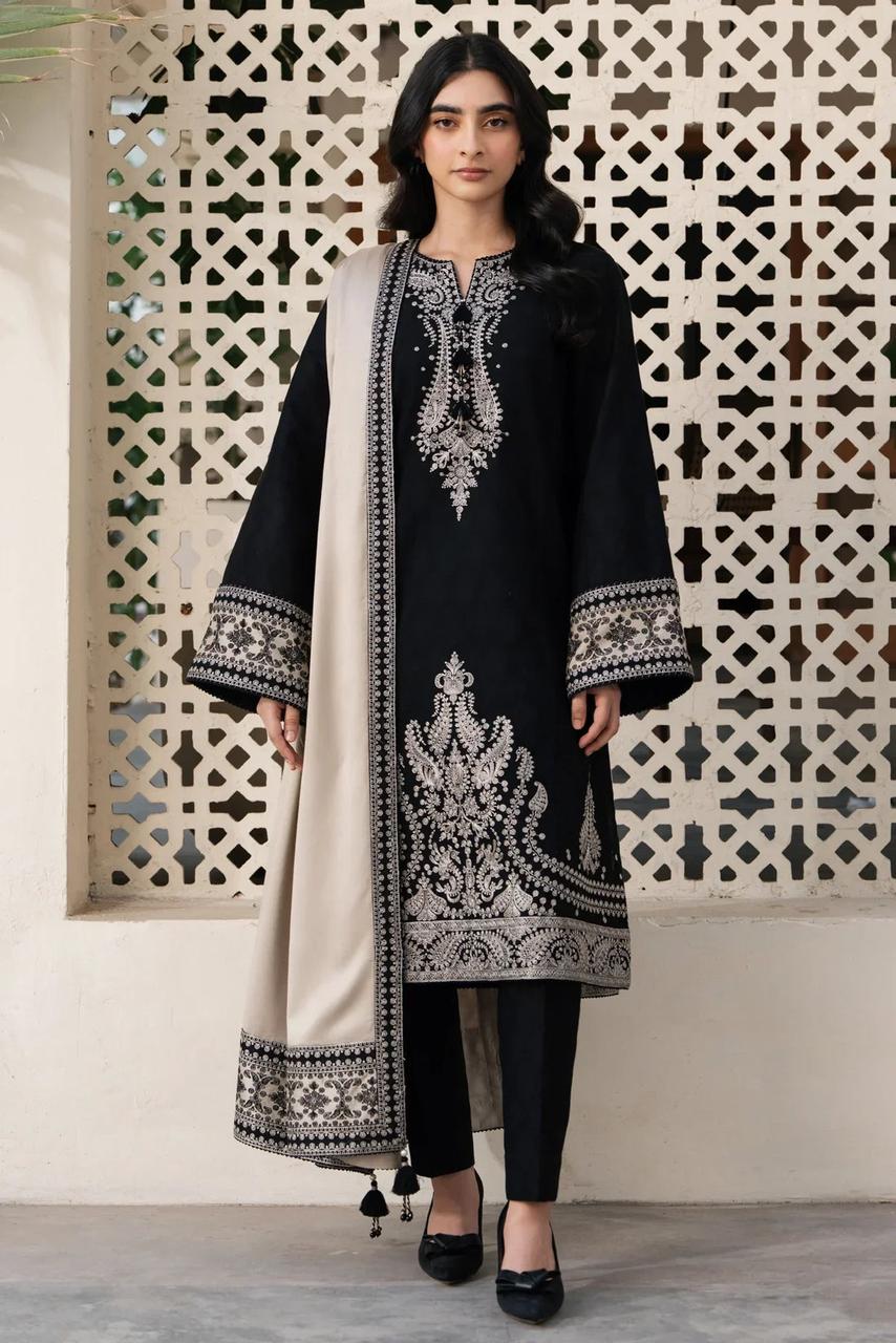 Jazmin Black Dhanak Embroidered 3-Piece Unstitched Suit with Printed Wool Shawl | Available at Calvura