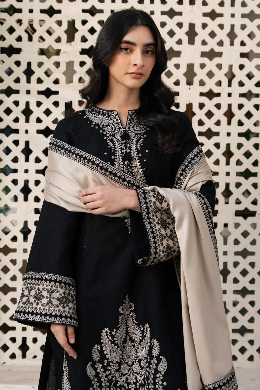 Jazmin Black Dhanak Embroidered 3-Piece Unstitched Suit with Printed Wool Shawl | Available at Calvura