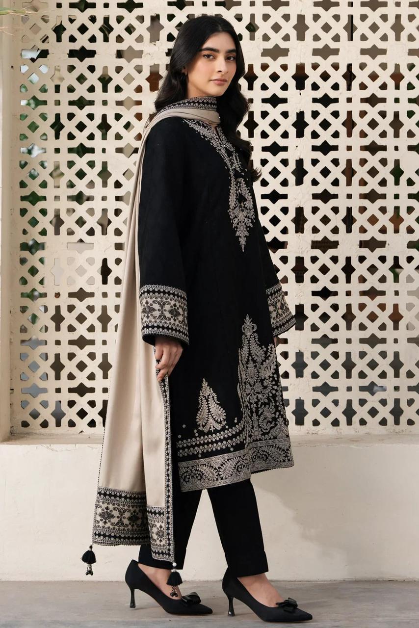 Jazmin Black Dhanak Embroidered 3-Piece Unstitched Suit with Printed Wool Shawl | Available at Calvura