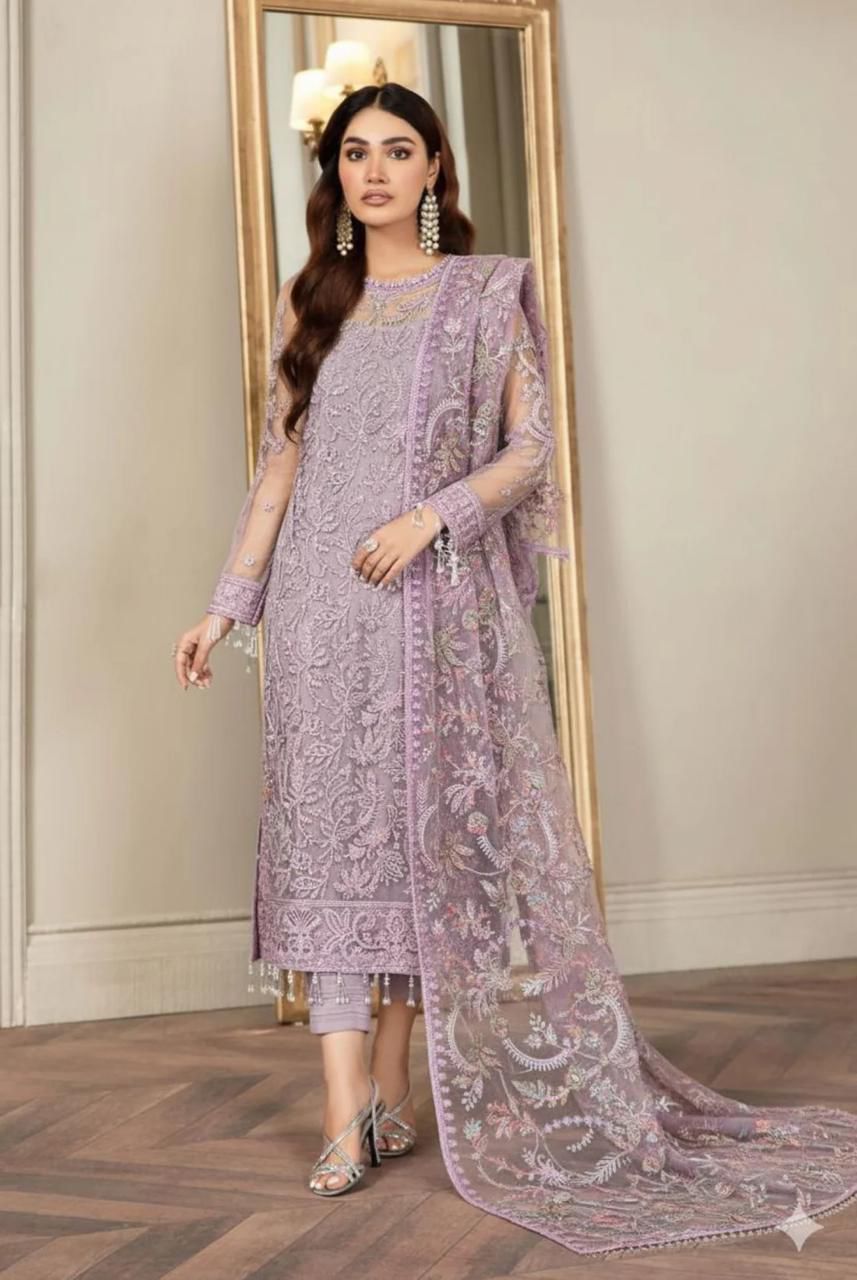 Calvura Soft Pink Zarif Luxury Net Heavy Embroidered 3 Piece Suit with Inner & Ready-to-Wear Dupatta