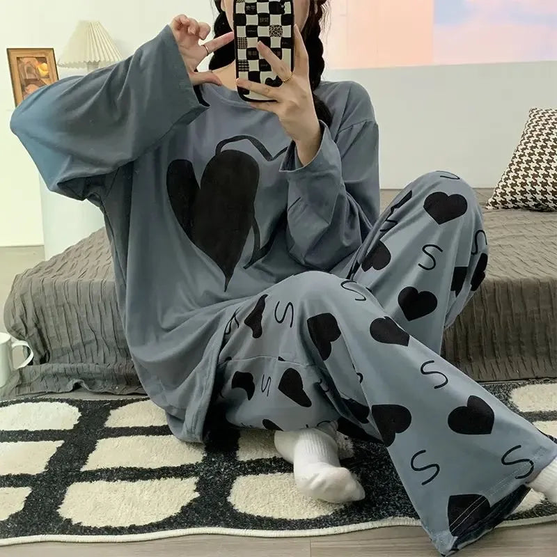 Grey Heart Print Soft Cotton Night Suit T Shirt and Pajama Set For Women and Girls Comfortable Soft Fabric For A Good Nights Sleep