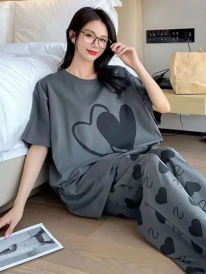 Grey Heart Print Soft Cotton Night Suit T Shirt and Pajama Set For Women and Girls Comfortable Soft Fabric For A Good Nights Sleep